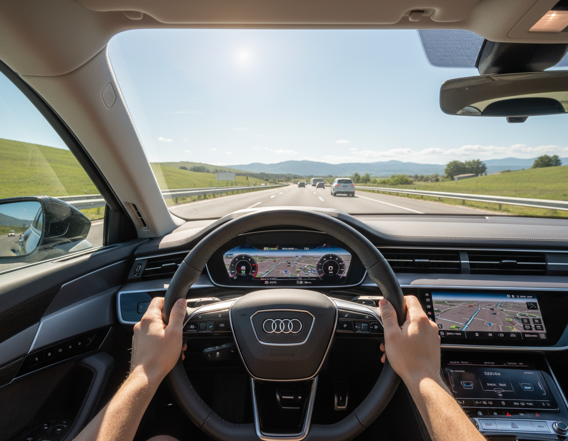 Driver view from inside a car on an open road