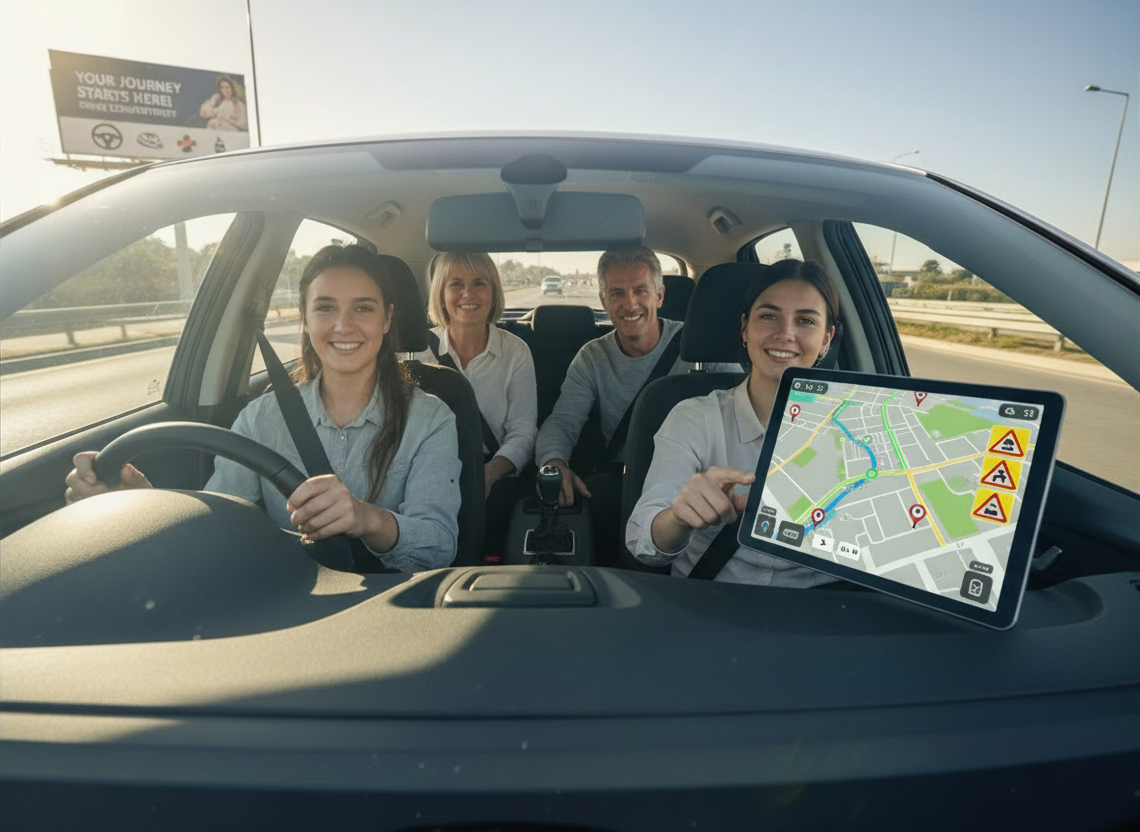 Passenger using a laptop inside a car